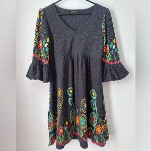 Heather gray sweater-look dress with printed designs, v-neck, & bell sleeves